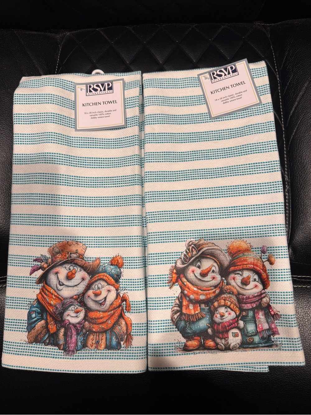 RSVP Blue and White Stripe Snowman Family Kitchen Towels - Set of 2 winter